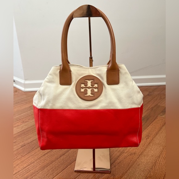 Tory Burch Handbags - Tory Burch Logo Color Block Canvas Tote Natural/Red Orange